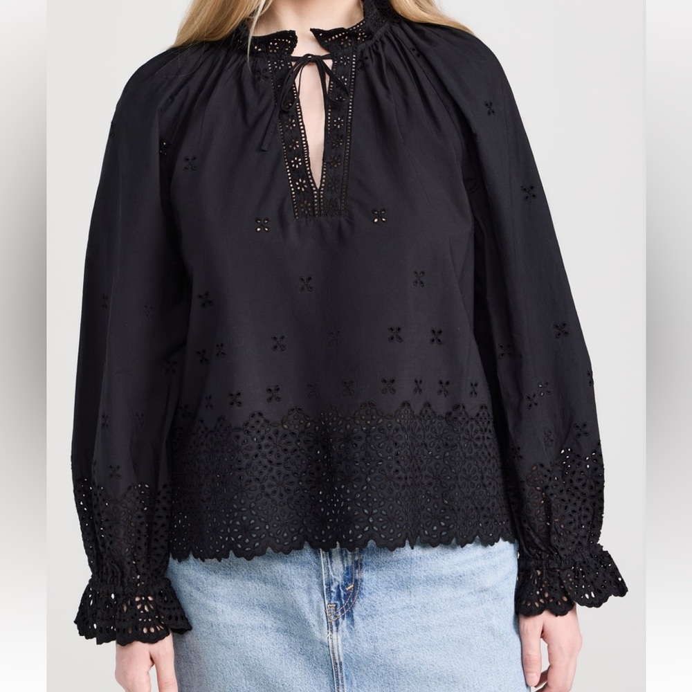 NWT ULLA JOHNSON Alora Black Eyelet Poplin Cotton Blouse Top